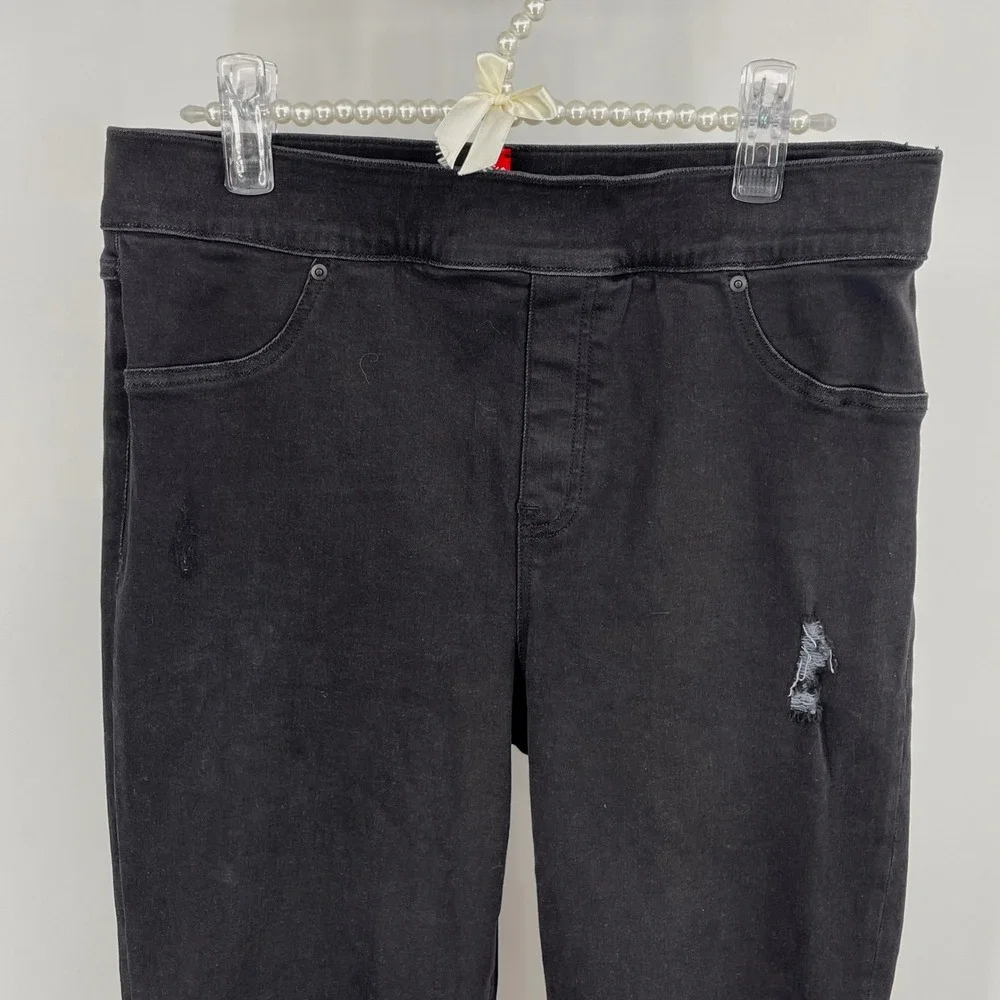 Spanx Black Distressed Skinny Jeans Pull On High Waist Frayed Hem Womens XL TG‎